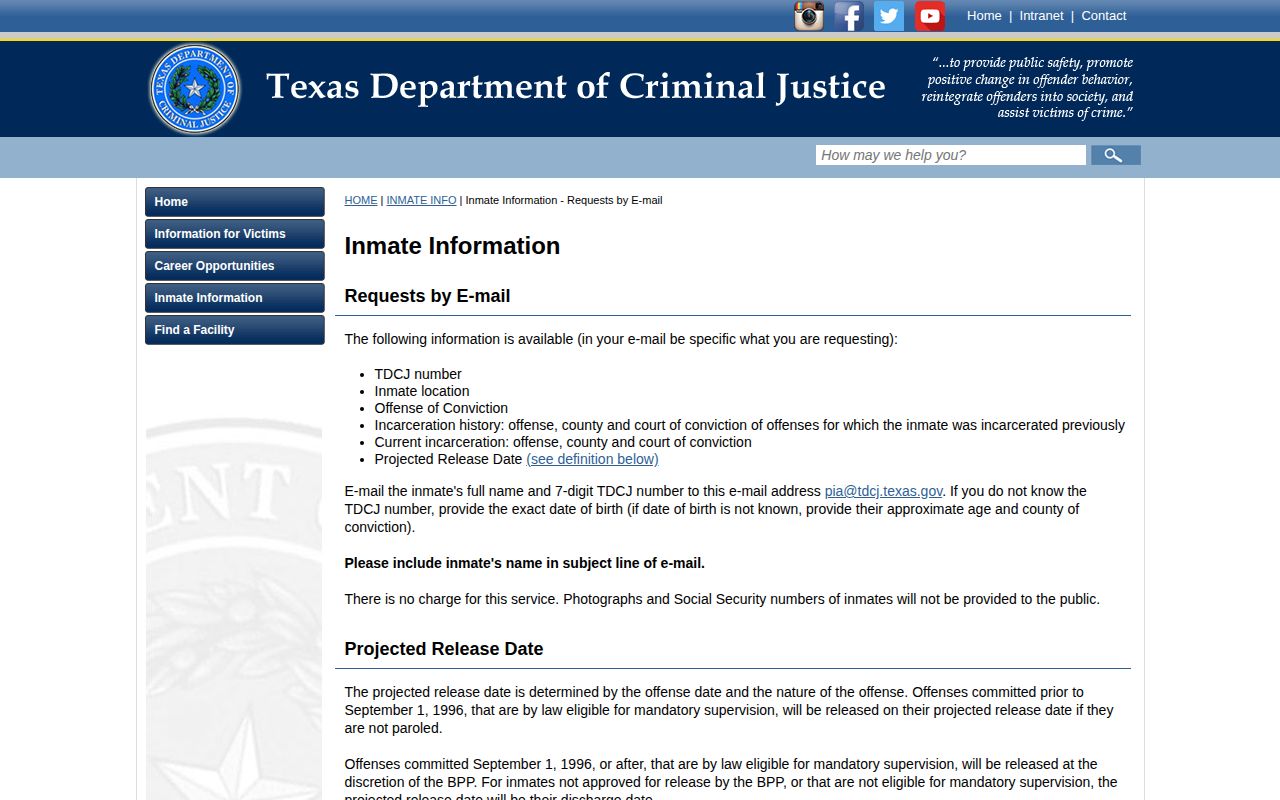 Motley County projected release date TDCJ email request page